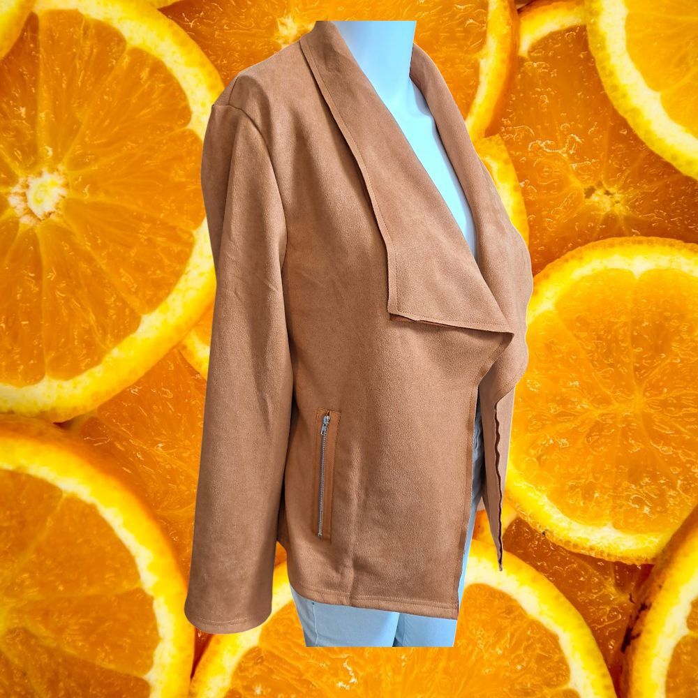 Kirundo Tan Suede Open Front Blazer Jacket with Zipper Details Casual Chic‎ M